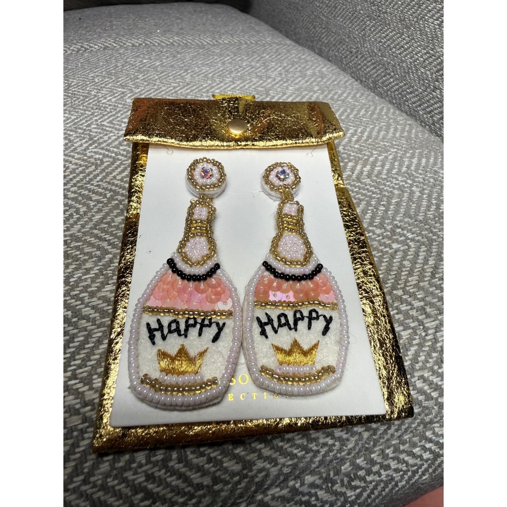 Simply Southern Happy Champagne Bottle Beaded Sequin Drop Earrings Gold Pink NEW